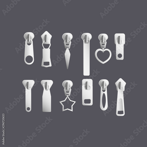 Set of silver zipper pullers or clasps 3d realistic vector illustration isolated.