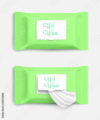Wet wipes set of green packages mockup, realistic vector illustration isolated.