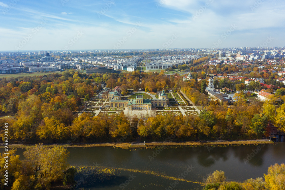 Royal Palace in Warsaw. Poland. 19. October. 2019. Aerial view of the beautiful royal palace in Warsaw. Autumn sunny day.