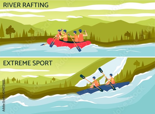 River rafting - extreme water sport banner with cartoon people on raft boat