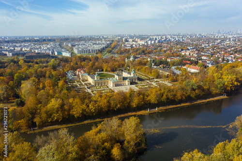 Panorama of the Royal Palace in Warsaw. Poland. Aerial view Royal Palace in Warsaw. Autumn sunny day.