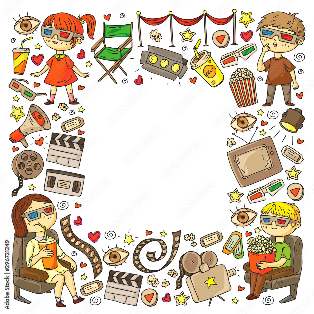 Naklejka premium Cinema pattern with vector icons for wrapping paper, posters, backgrounds, tickets.