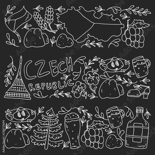 Vector icons and symbols. Czech Republic illustrations for banners, posters, background.