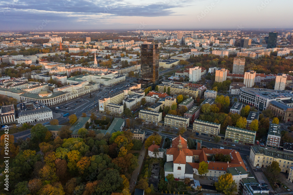 Aerial view of the old town of Warsaw with the Vistula river. Panorama of the city at sunrise.
