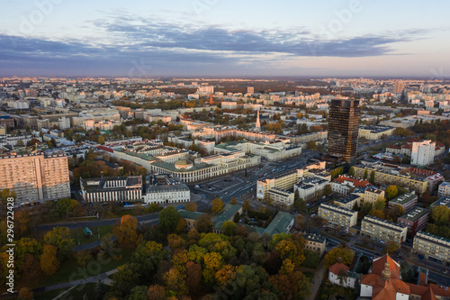 Aerial view of the cityscape of the old city at sunrise. Warsaw Poland.