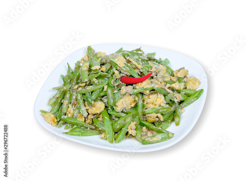 stir-fried beans with eggs isolated on white,clipping path.