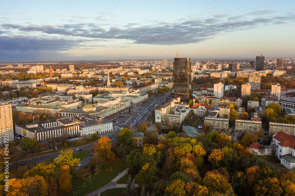 Aerial view of the old town of Warsaw with the Vistula river. Panorama of the city at sunrise.