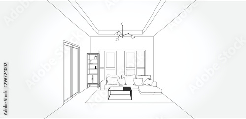 Linear sketch of an interior. Living room plan. Sketch Line sofa set. Vector illustration.outline sketch drawing perspective of a interior space.
