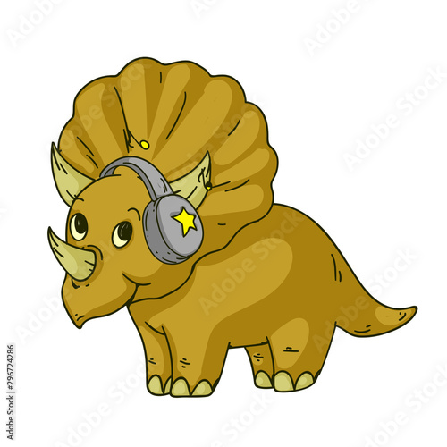 Cool dinosaur, dino listening music. Cartoon mascot for children, kids clothing. Fashionable illustration for t-shirt designs