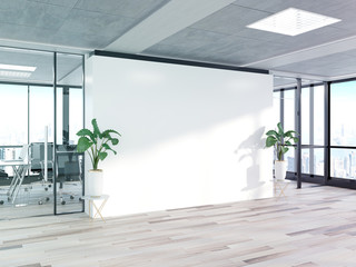 Blank wall in bright concrete office with large windows Mockup 3D rendering