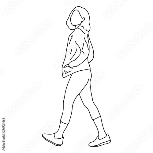 full length of woman walking from right to left vector illustration sketch doodle hand drawn with black lines isolated on white background