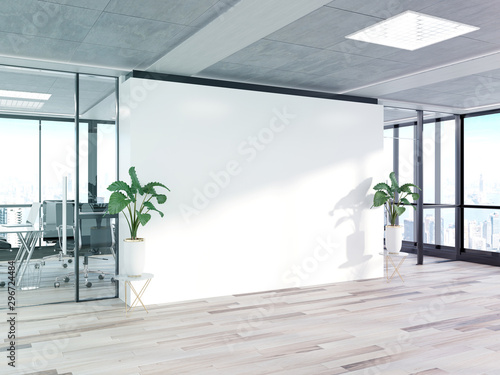 Blank wall in bright concrete office with large windows Mockup 3D rendering photo