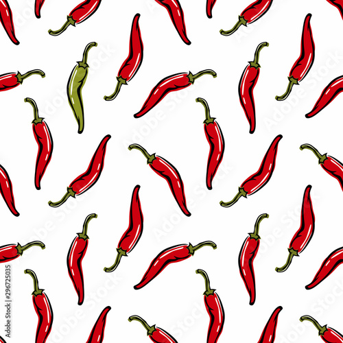 Red hot chili peppers on white background. Vegetable seamless pattern.