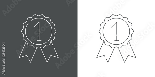Icono plano lineal roseta con cintas con número 1 en gris y blanco