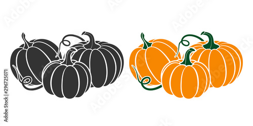 Pumpkins with leaves, silhouette on white background. photo