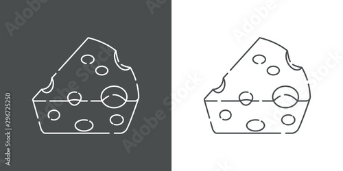 Icono plano lineal pieza de queso emmental en gris y blanco