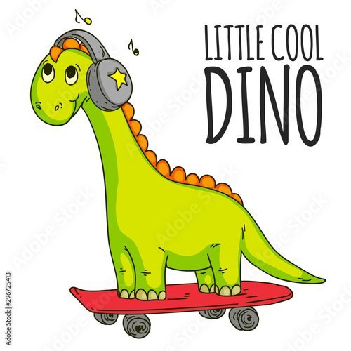 Cool dinosaur, dino listening music. Cartoon mascot for children, kids clothing. Fashionable illustration for t-shirt designs