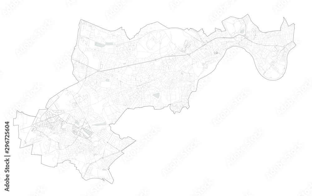 Satellite view of the London boroughs, map and streets of Hounslow borough. England