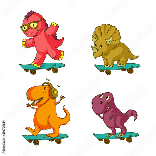 Fototapeta Naklejka Na Ścianę i Meble -  Cool dinosaur, dino listening music. Cartoon mascot for children, kids clothing. Fashionable illustration for t-shirt designs