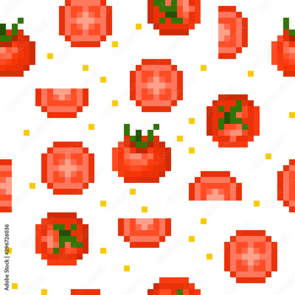 Seamless pattern with 8 bit pixel art red ripe tomatoes (uncut, cut in half, sliced) and seeds isolated on white background. Vegetable print for menu, kitchen fabric, ketchup, sauce package design.