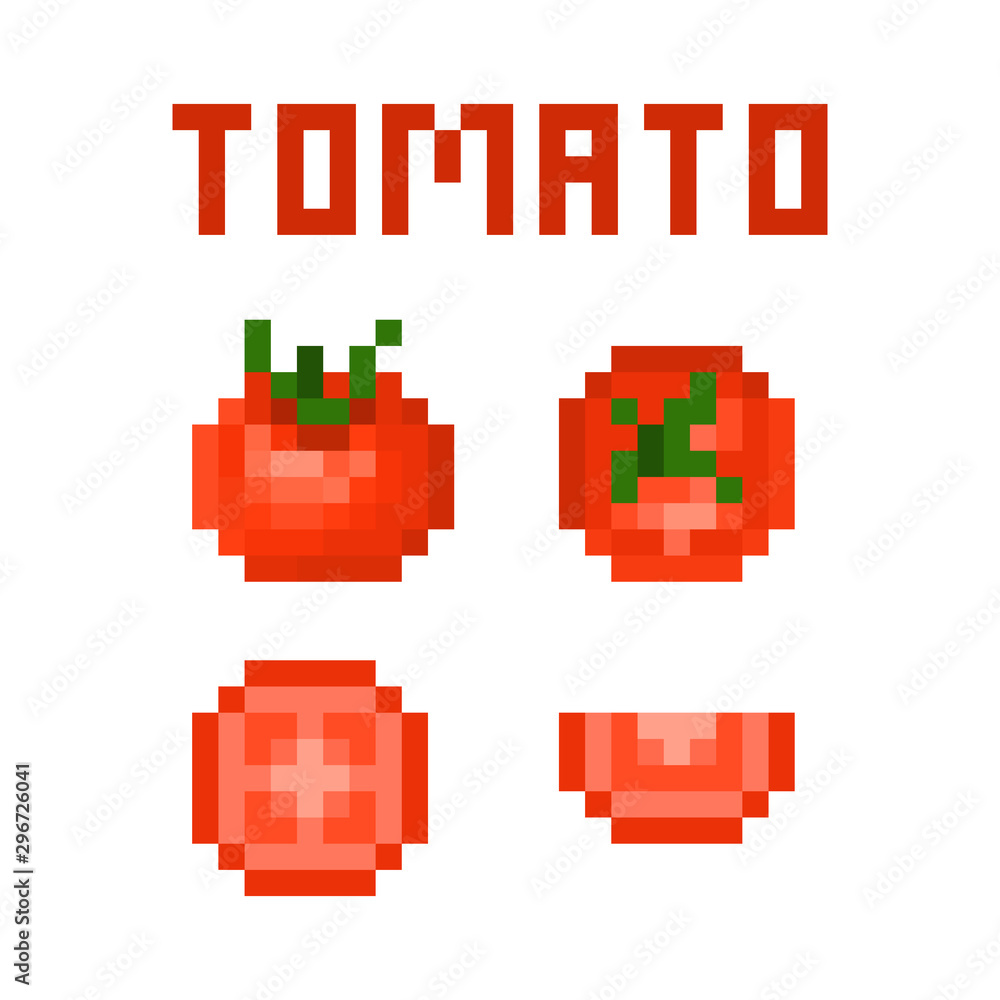 Obraz premium Set of 4 pixel art red ripe tomatoes (uncut, cut in half, sliced) isolated on white background. Collection of 8 bit vegetable icons. Old school vintage retro 80s, 90s slot machine/video game graphics.