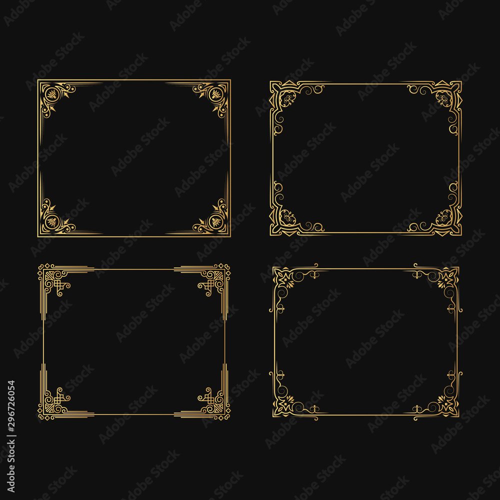 Fototapeta premium Set of hand drawn golden vignette frames. Vintage ornate wedding borders. Vector isolated gold classic invitation card.
