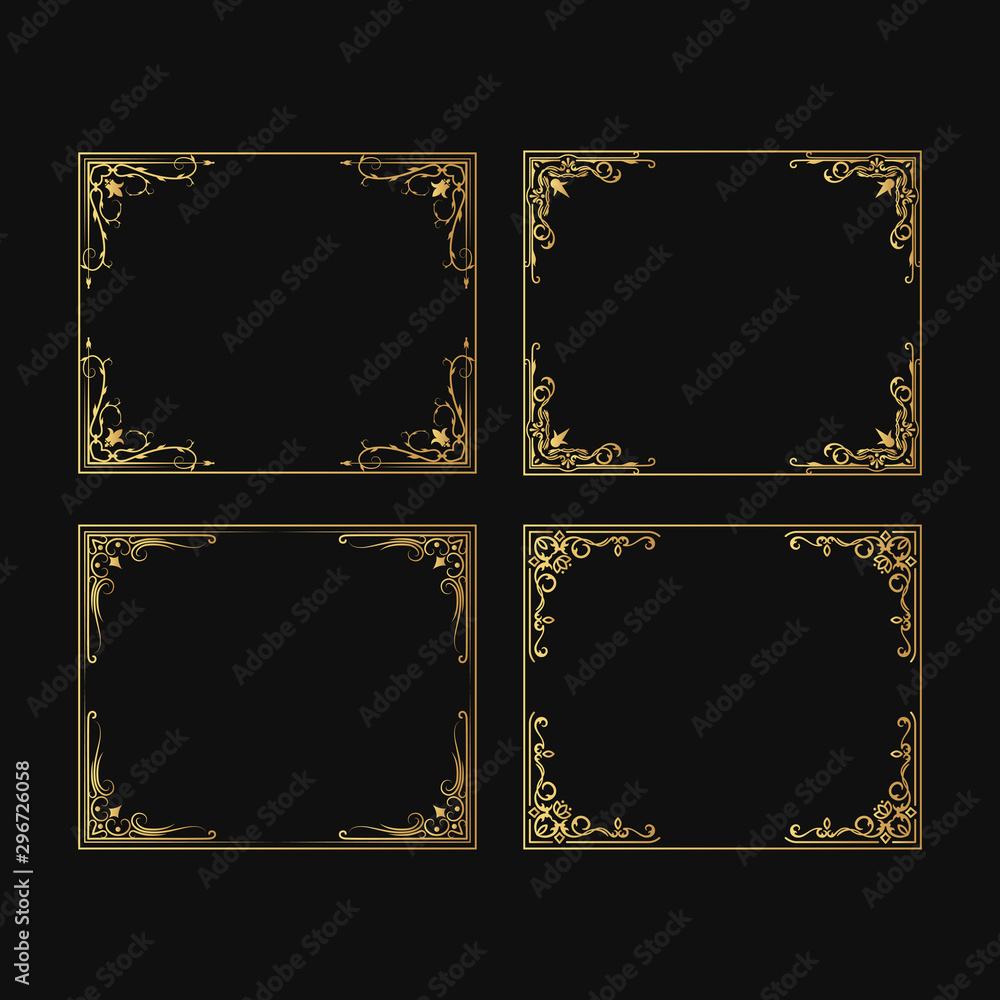 Naklejka premium Hand drawn golden vintage frames set. Elegant ornate wedding gold borders. Vector isolated filigree invitation card.