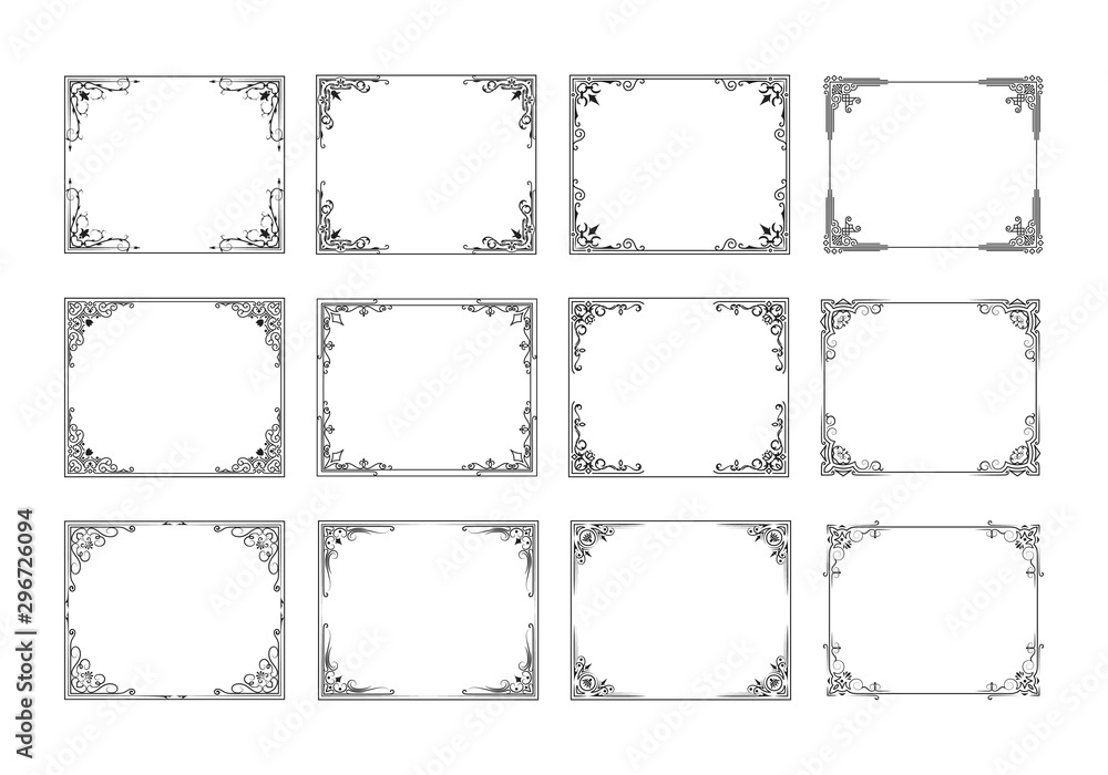 Big set of hand drawn vintage fancy frames. Vector isolated ornate borders for