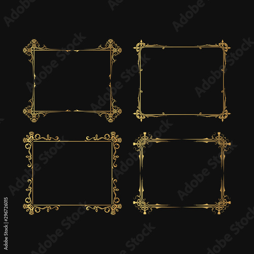 Golden set of hand drawn vintage ornate frames. Filigree elegant wedding gold borders. Vector isolated flourish invitation card.