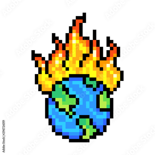 Burning planet Earth, 8 bit pixel art icon isolated on white background. Old school vintage retro 80s, 90s slot machine/video game graphics. Ecology poster. Global warming concept.Nature care campaign