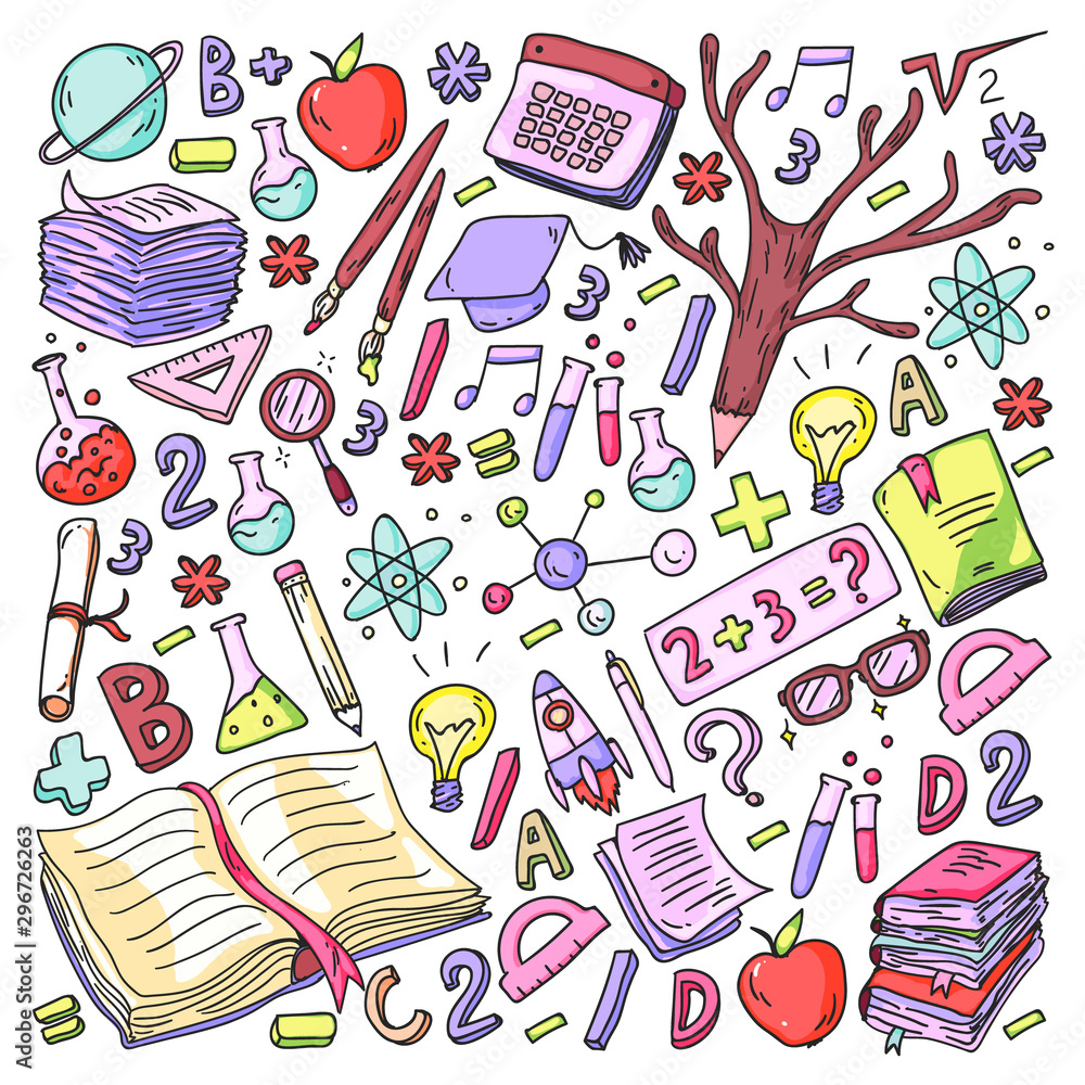 School, college, university, kindergarten pattern with vector elements and icons. Creativity and imagination.