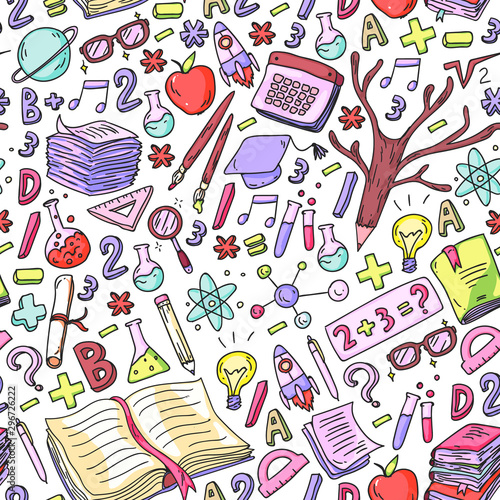 Seamless pattern. School, college, university, kindergarten pattern with vector elements and icons. Creativity and imagination.