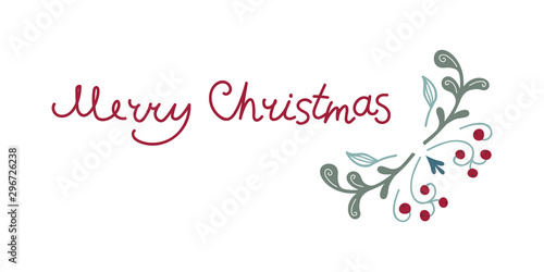 Merry Christmas horizontal card with winter flora and lettering. Vector template for greeting  holiday banner.