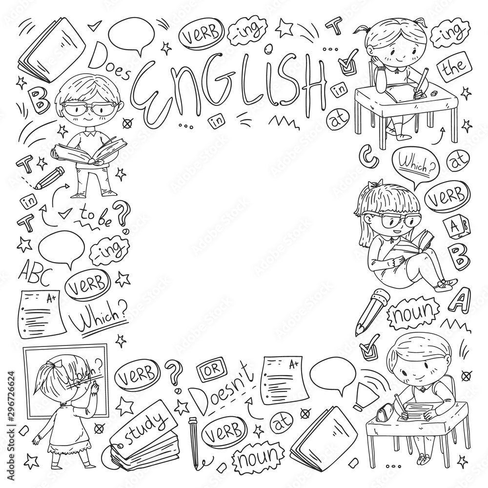 English school for children. Learn language. Education vector illustration. Kids drawing doodle style image. English school for children. Learn language. Education vector illustration. Kids drawing doodle style image.