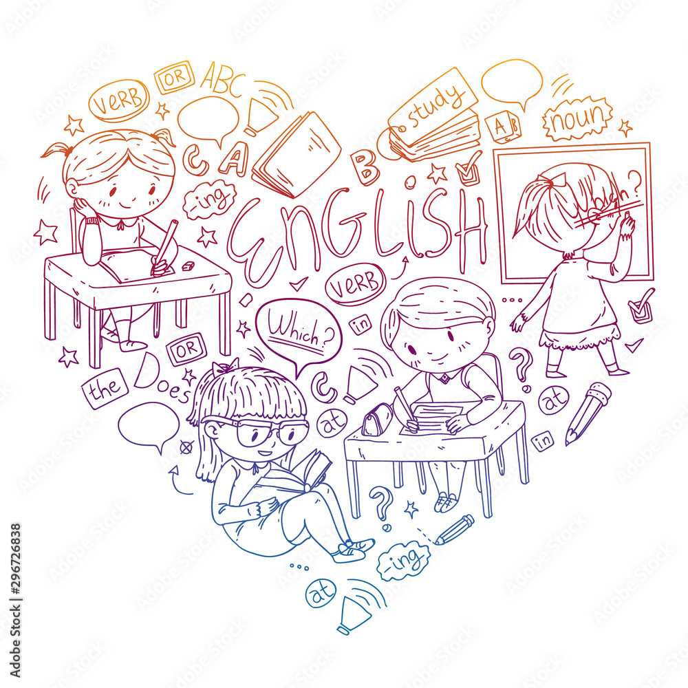 English school for children. Learn language. Education vector illustration. Kids drawing doodle style image. English school for children. Learn language. Education vector illustration. Kids drawing doodle style image.