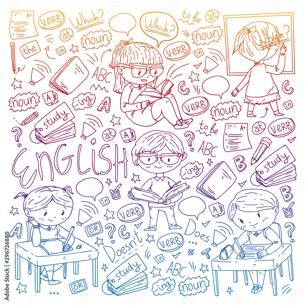 English school for children. Learn language. Education vector illustration. Kids drawing doodle style image. English school for children. Learn language. Education vector illustration. Kids drawing doodle style image.