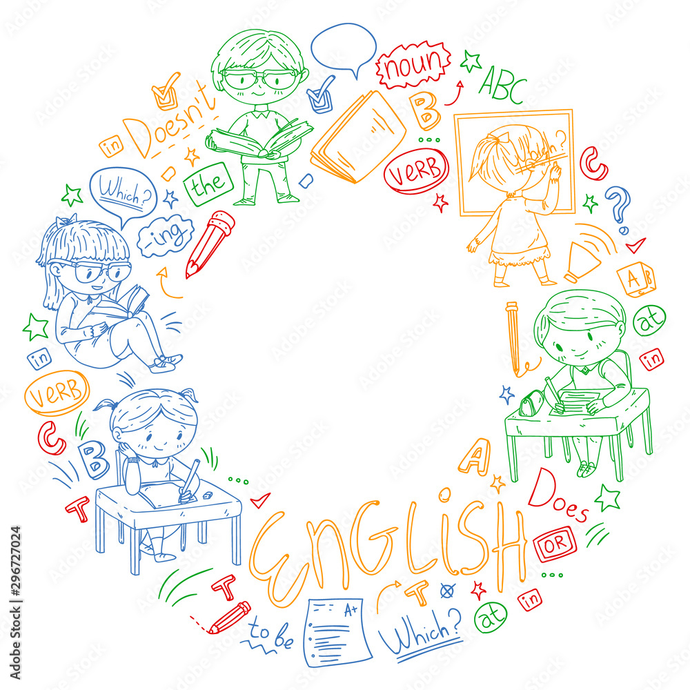 Fototapeta premium English school for children. Learn language. Education vector illustration. Kids drawing doodle style image.