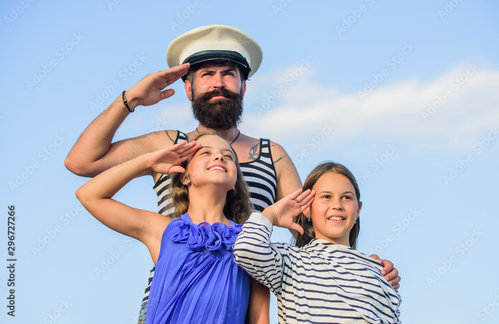 welcome on board. small girls marine fashion. parenting discipline. sea cruise. have good swim. bearded sailor with kids. father back home. family day. dad and daughters outdoor. ship captain salute welcome on board. small girls marine fashion. parenting discipline. sea cruise. have good swim. bearded sailor with kids. father back home. family day. dad and daughters outdoor. ship captain salute