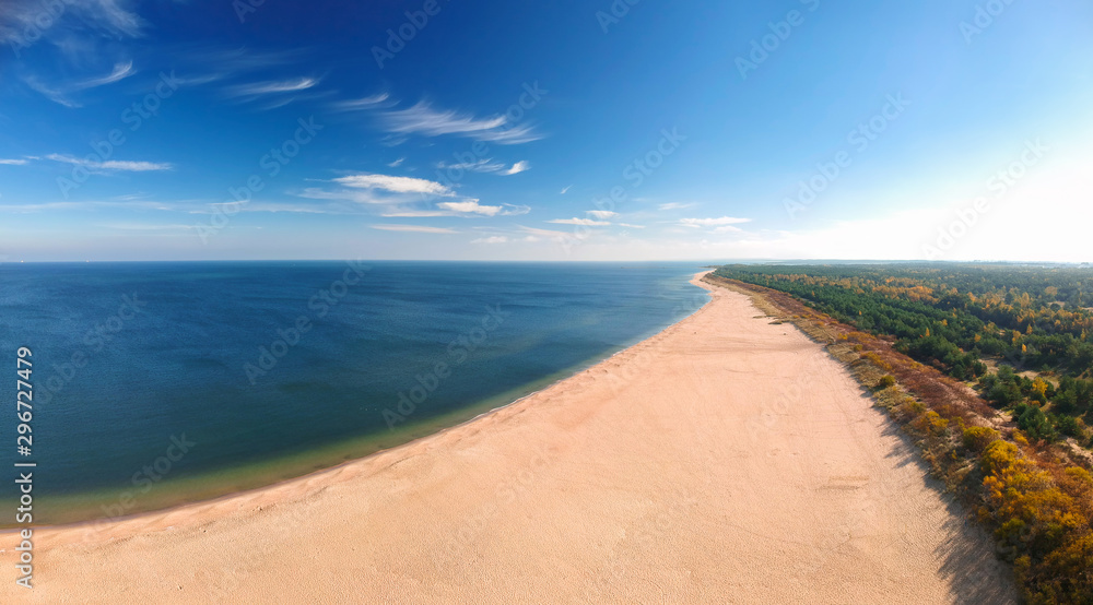 Aerial panorama of the beautiful beach of Baltic Sea in Gdansk, Poland - obrazy, fototapety, plakaty 