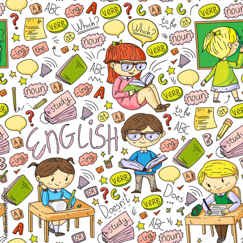 English school for children. Learn language. Education vector illustration. Kids drawing doodle style image.