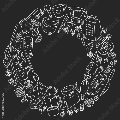 Cooking class. Kitchenware, utencils. Food and kitchen icons.