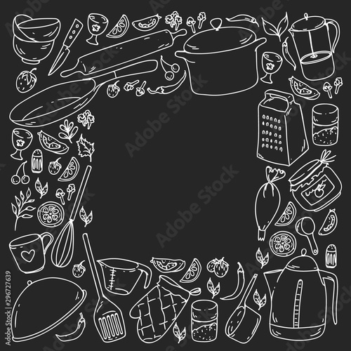 Cooking class. Kitchenware, utencils. Food and kitchen icons.