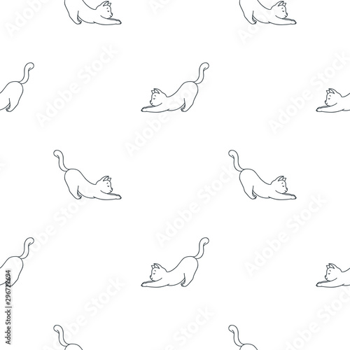 Stretching cat pattern. Cute seamless pattern of of happy white cats in stretching on white background. Vector illustration 8 EPS.
