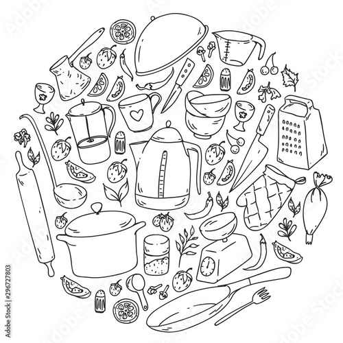 Cooking class. Kitchenware, utencils. Food and kitchen icons.