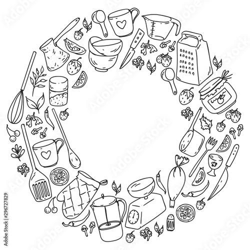 Cooking class. Kitchenware, utencils. Food and kitchen icons.