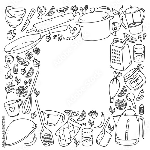 Cooking class. Kitchenware, utencils. Food and kitchen icons.