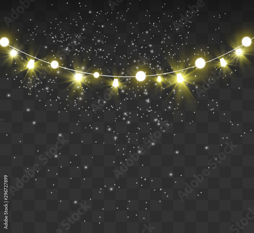 Christmas bright, beautiful lights, design elements. Glowing lights for design of Xmas greeting cards. Garlands, light Christmas decorations.