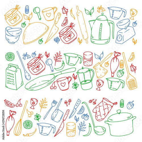 Cooking class. Kitchenware, utencils. Food and kitchen icons.