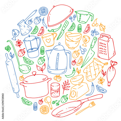 Cooking class. Kitchenware, utencils. Food and kitchen icons.