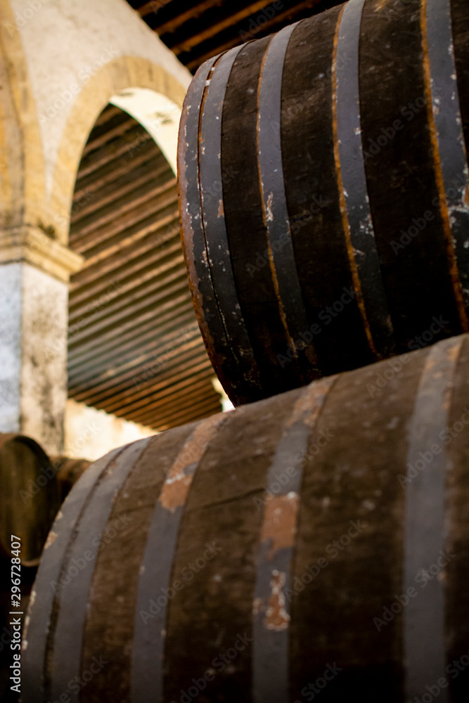 Production of fortified jerez, xeres, sherry wines in old oak barrels in sherry triangle, Jerez la Frontera, El Puerto Santa Maria and Sanlucar Barrameda Andalusia, Spain Production of fortified jerez, xeres, sherry wines in old oak barrels in sherry triangle, Jerez la Frontera, El Puerto Santa Maria and Sanlucar Barrameda Andalusia, Spain